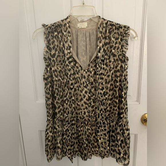 Kate Spade Silk Leopard Print Clipped Metallic Dot Blouse Tie Neck Size L - Picture 7 of 9